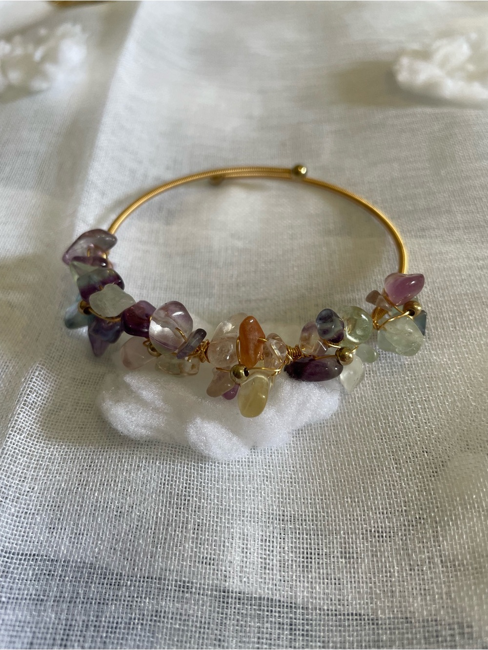 Gold Tone Purple and White Stone Bangle Bracelet